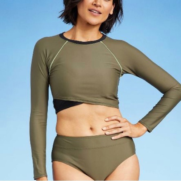 All in Motion™ Other - All in Motion™ 
Long Sleeve Cropped Rash Guard - Olive Green & Black Colorblock